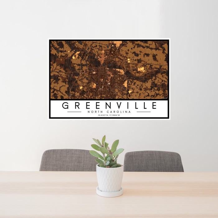 24x36 Greenville North Carolina Map Print Landscape Orientation in Ember Style Behind 2 Chairs Table and Potted Plant