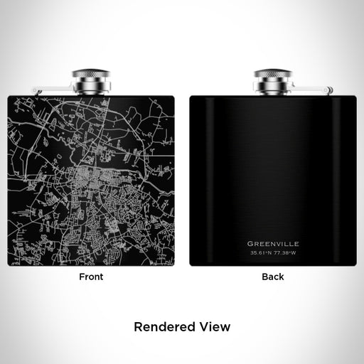 Rendered View of Greenville North Carolina Map Engraving on 6oz Stainless Steel Flask in Black