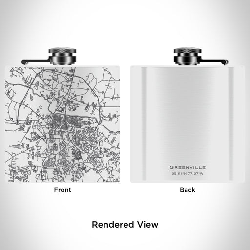 Rendered View of Greenville North Carolina Map Engraving on 6oz Stainless Steel Flask in White