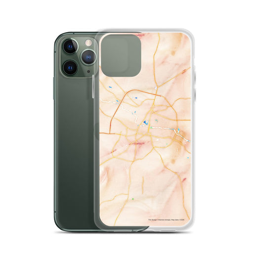 Custom Greenville North Carolina Map Phone Case in Watercolor on Table with Laptop and Plant