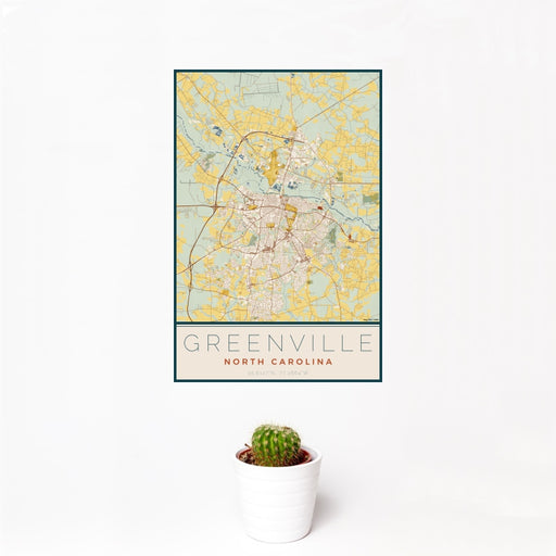 12x18 Greenville North Carolina Map Print Portrait Orientation in Woodblock Style With Small Cactus Plant in White Planter