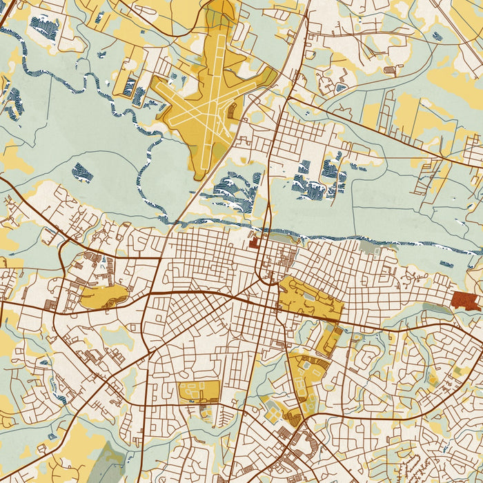 Greenville North Carolina Map Print in Woodblock Style Zoomed In Close Up Showing Details