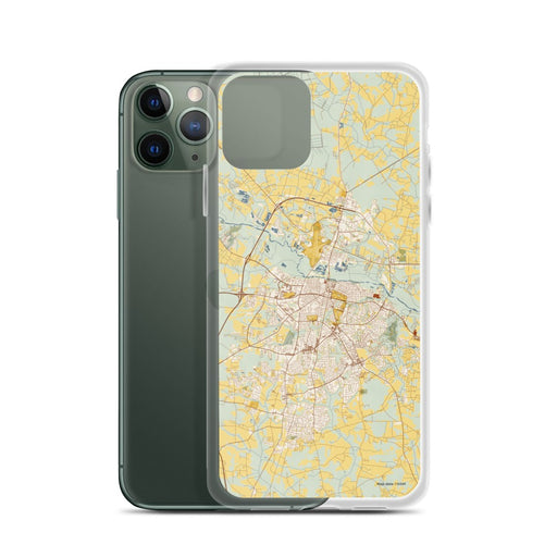 Custom Greenville North Carolina Map Phone Case in Woodblock on Table with Laptop and Plant