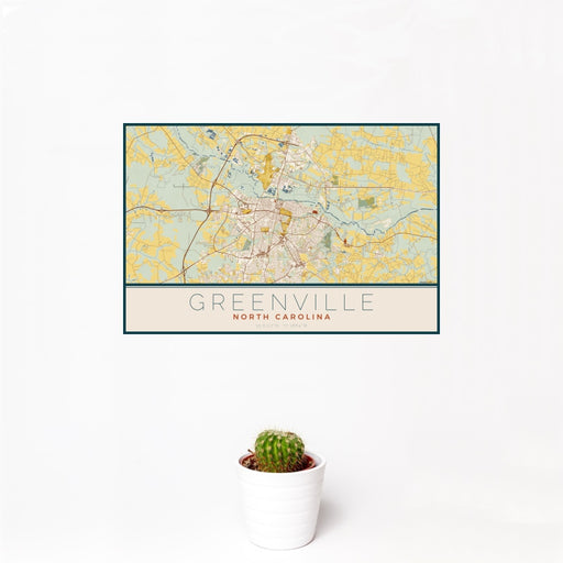 12x18 Greenville North Carolina Map Print Landscape Orientation in Woodblock Style With Small Cactus Plant in White Planter