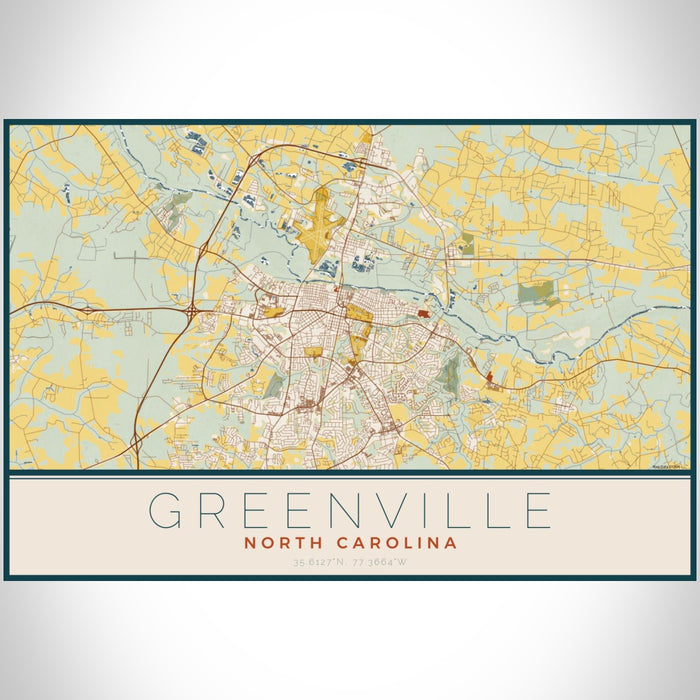 Greenville North Carolina Map Print Landscape Orientation in Woodblock Style With Shaded Background