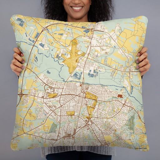Person holding 22x22 Custom Greenville North Carolina Map Throw Pillow in Woodblock