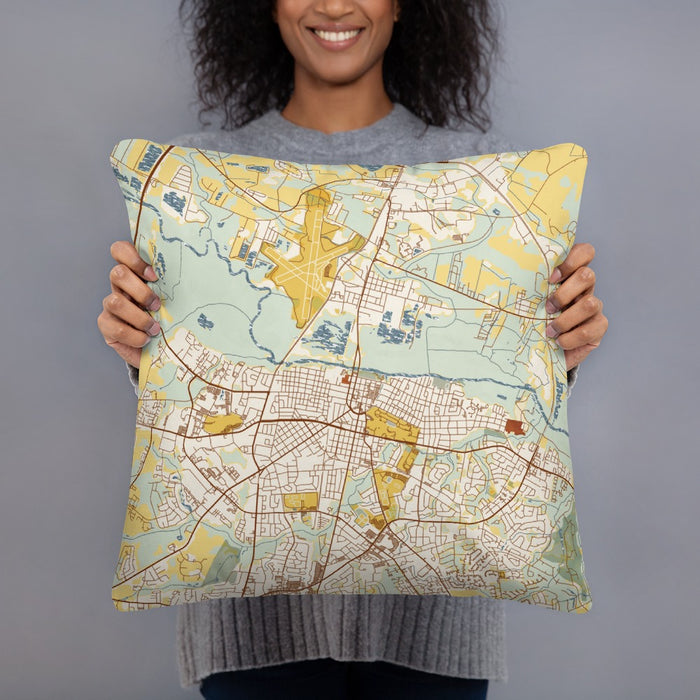 Person holding 18x18 Custom Greenville North Carolina Map Throw Pillow in Woodblock