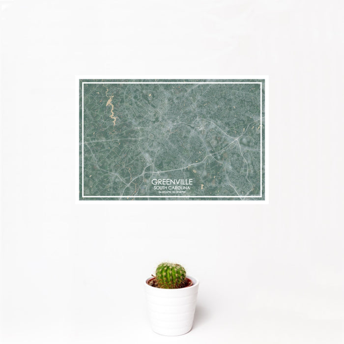 12x18 Greenville South Carolina Map Print Landscape Orientation in Afternoon Style With Small Cactus Plant in White Planter