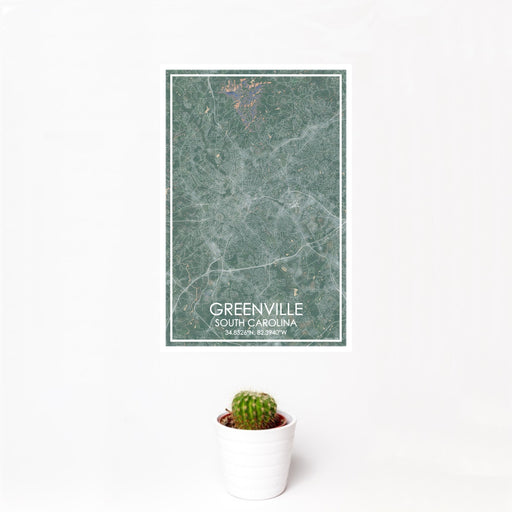 12x18 Greenville South Carolina Map Print Portrait Orientation in Afternoon Style With Small Cactus Plant in White Planter