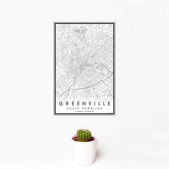 12x18 Greenville South Carolina Map Print Portrait Orientation in Classic Style With Small Cactus Plant in White Planter