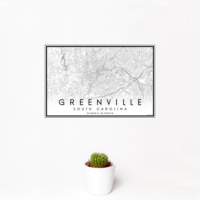 12x18 Greenville South Carolina Map Print Landscape Orientation in Classic Style With Small Cactus Plant in White Planter