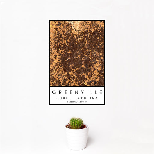 12x18 Greenville South Carolina Map Print Portrait Orientation in Ember Style With Small Cactus Plant in White Planter