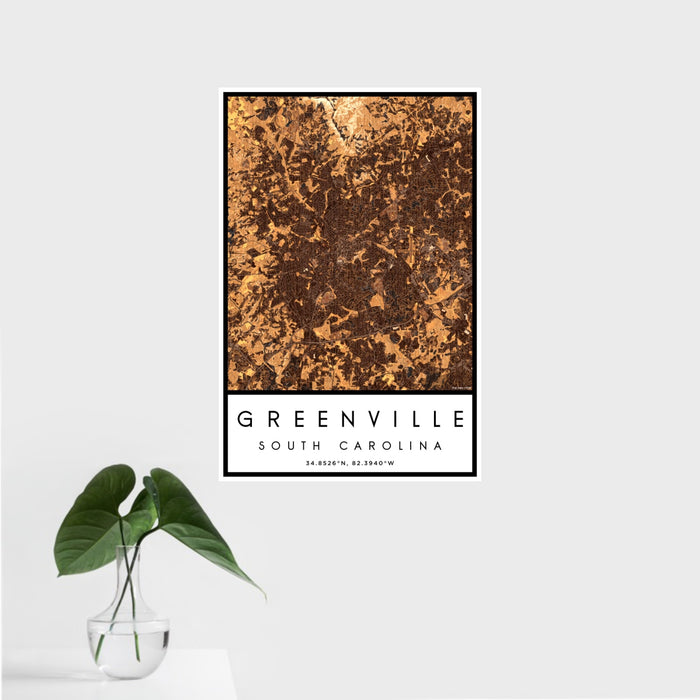 16x24 Greenville South Carolina Map Print Portrait Orientation in Ember Style With Tropical Plant Leaves in Water