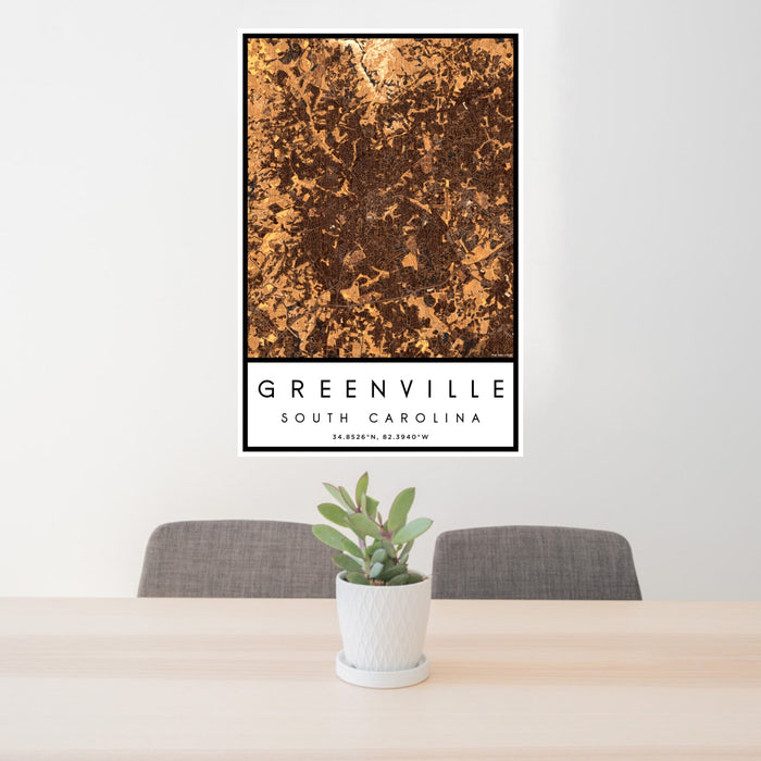 24x36 Greenville South Carolina Map Print Portrait Orientation in Ember Style Behind 2 Chairs Table and Potted Plant