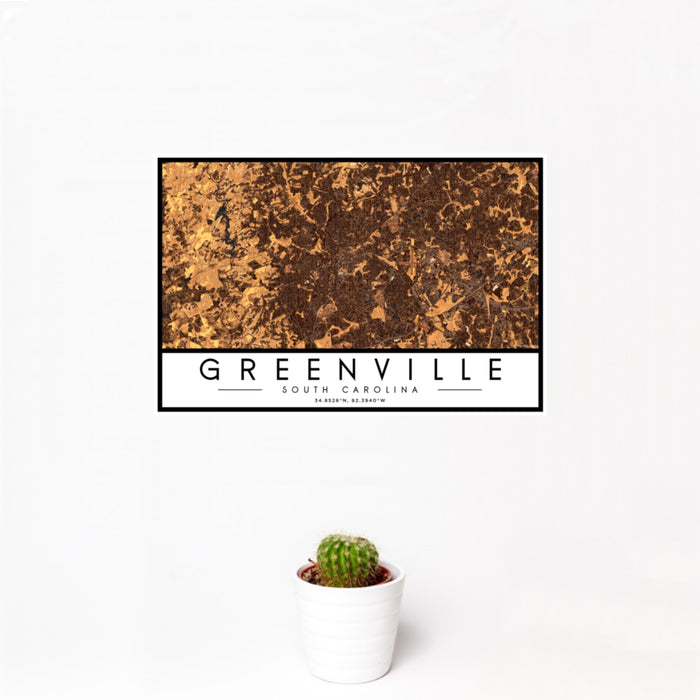 12x18 Greenville South Carolina Map Print Landscape Orientation in Ember Style With Small Cactus Plant in White Planter
