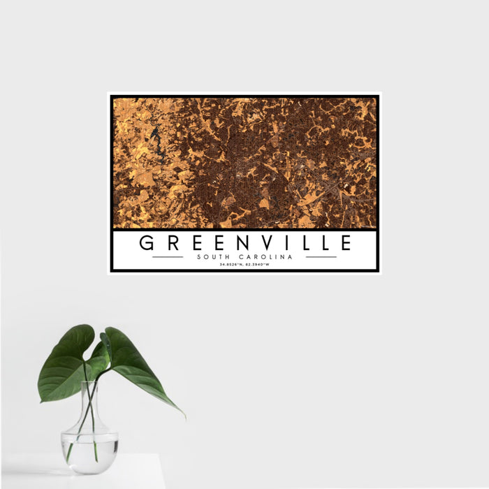 16x24 Greenville South Carolina Map Print Landscape Orientation in Ember Style With Tropical Plant Leaves in Water