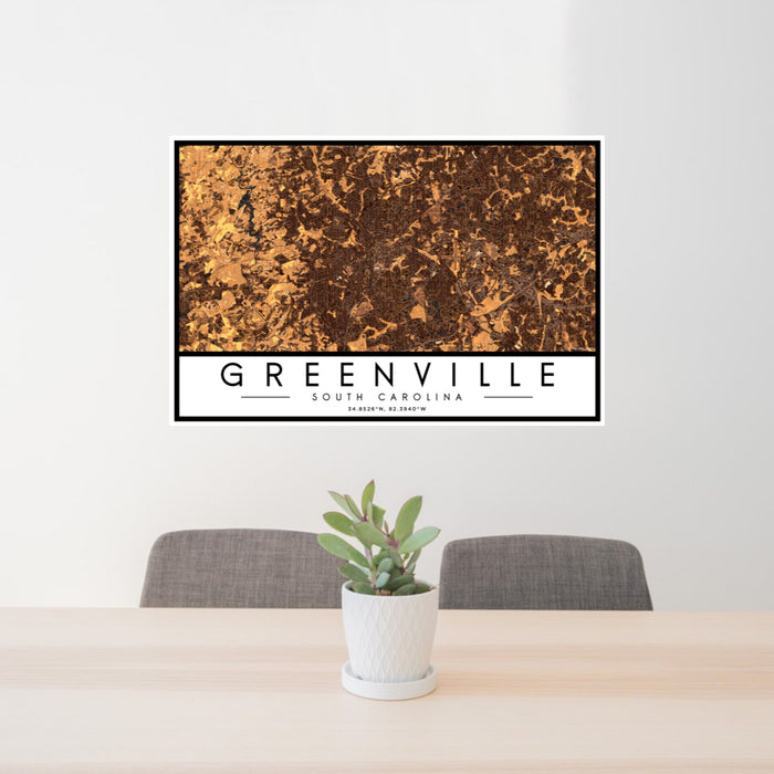 24x36 Greenville South Carolina Map Print Landscape Orientation in Ember Style Behind 2 Chairs Table and Potted Plant
