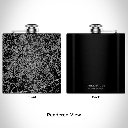 Rendered View of Greenville South Carolina Map Engraving on 6oz Stainless Steel Flask in Black
