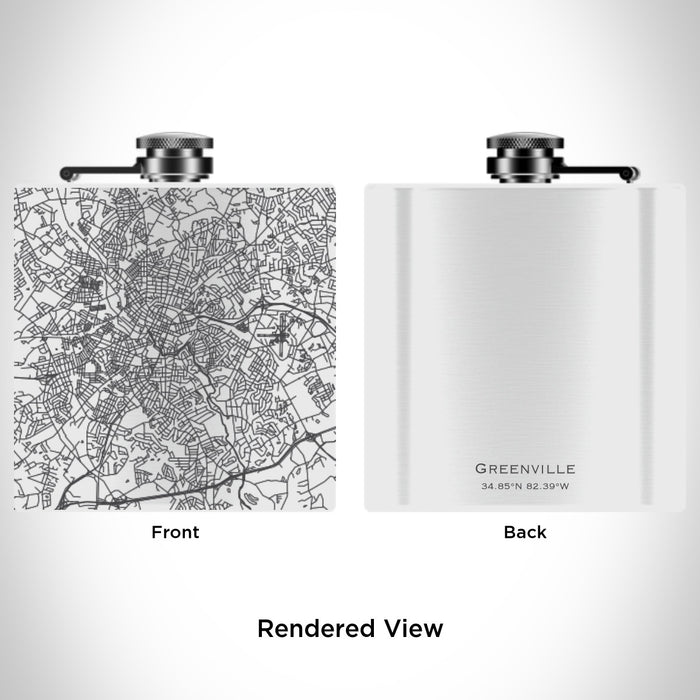 Rendered View of Greenville South Carolina Map Engraving on 6oz Stainless Steel Flask in White