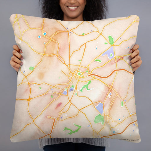 Person holding 22x22 Custom Greenville South Carolina Map Throw Pillow in Watercolor