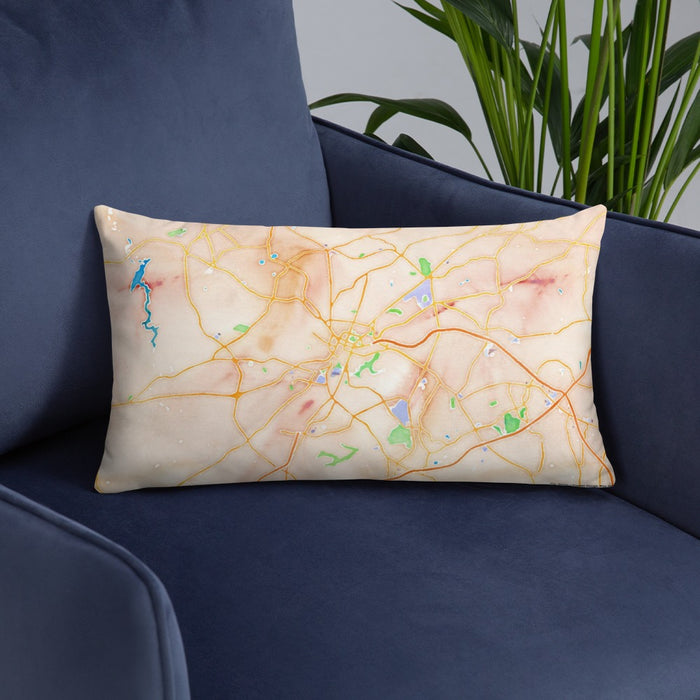 Custom Greenville South Carolina Map Throw Pillow in Watercolor on Blue Colored Chair