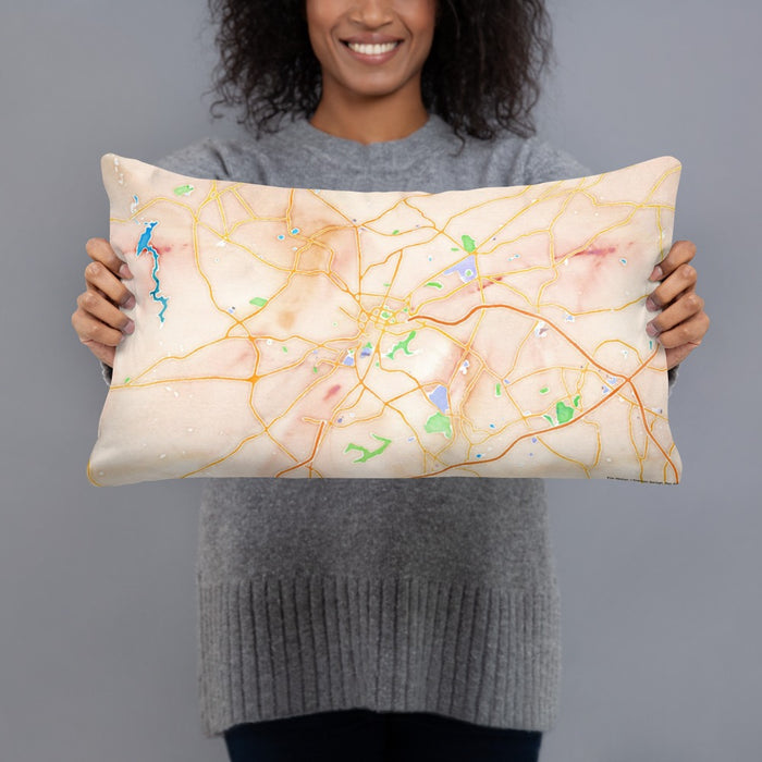 Person holding 20x12 Custom Greenville South Carolina Map Throw Pillow in Watercolor