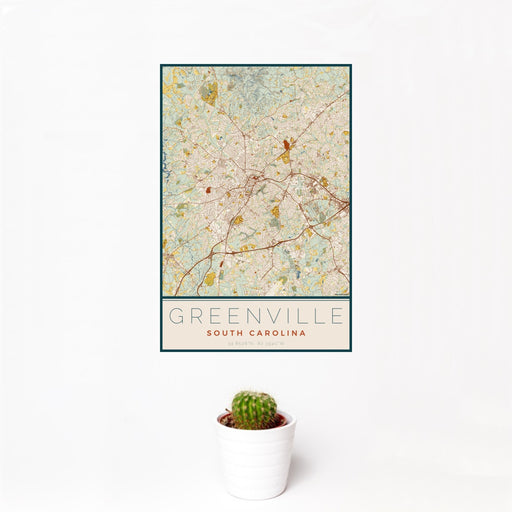 12x18 Greenville South Carolina Map Print Portrait Orientation in Woodblock Style With Small Cactus Plant in White Planter