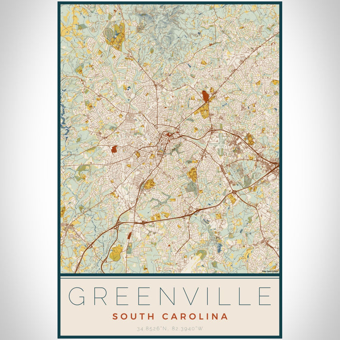 Greenville South Carolina Map Print Portrait Orientation in Woodblock Style With Shaded Background