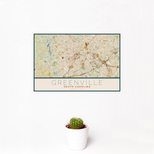 12x18 Greenville South Carolina Map Print Landscape Orientation in Woodblock Style With Small Cactus Plant in White Planter