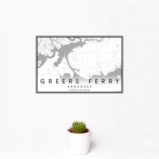 12x18 Greers Ferry Arkansas Map Print Landscape Orientation in Classic Style With Small Cactus Plant in White Planter