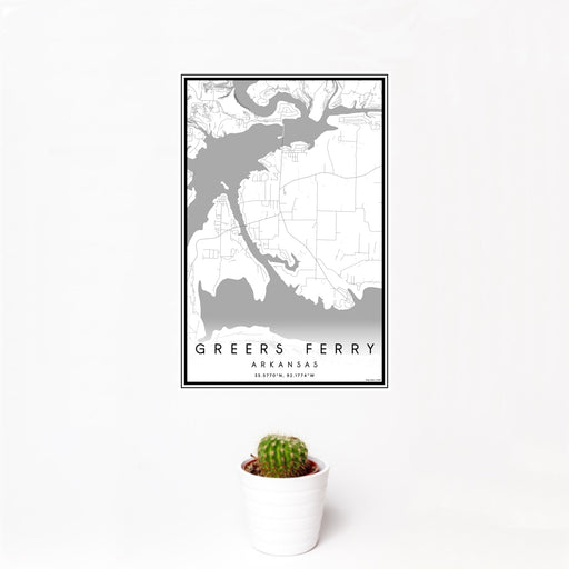 12x18 Greers Ferry Arkansas Map Print Portrait Orientation in Classic Style With Small Cactus Plant in White Planter