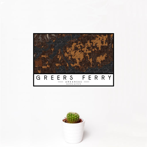 12x18 Greers Ferry Arkansas Map Print Landscape Orientation in Ember Style With Small Cactus Plant in White Planter