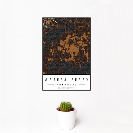 12x18 Greers Ferry Arkansas Map Print Portrait Orientation in Ember Style With Small Cactus Plant in White Planter