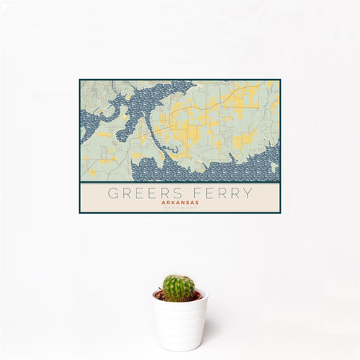 12x18 Greers Ferry Arkansas Map Print Landscape Orientation in Woodblock Style With Small Cactus Plant in White Planter