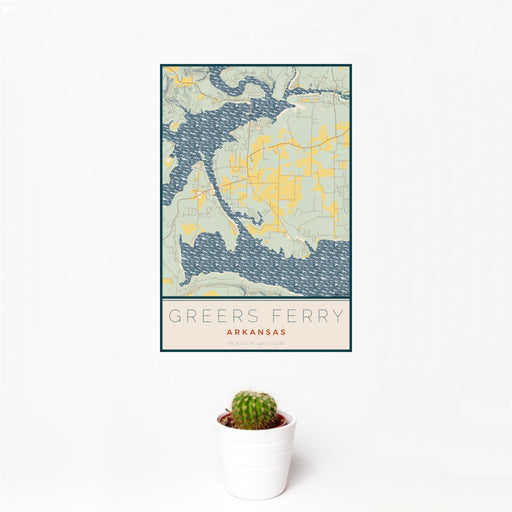 12x18 Greers Ferry Arkansas Map Print Portrait Orientation in Woodblock Style With Small Cactus Plant in White Planter