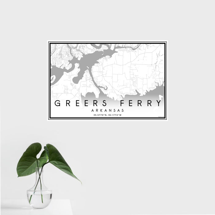 16x24 Greers Ferry Arkansas Map Print Landscape Orientation in Classic Style With Tropical Plant Leaves in Water