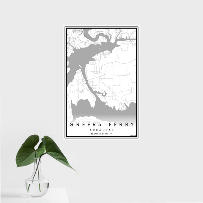 16x24 Greers Ferry Arkansas Map Print Portrait Orientation in Classic Style With Tropical Plant Leaves in Water