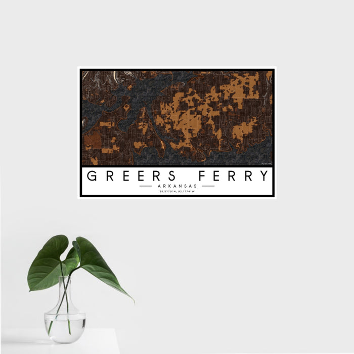 16x24 Greers Ferry Arkansas Map Print Landscape Orientation in Ember Style With Tropical Plant Leaves in Water