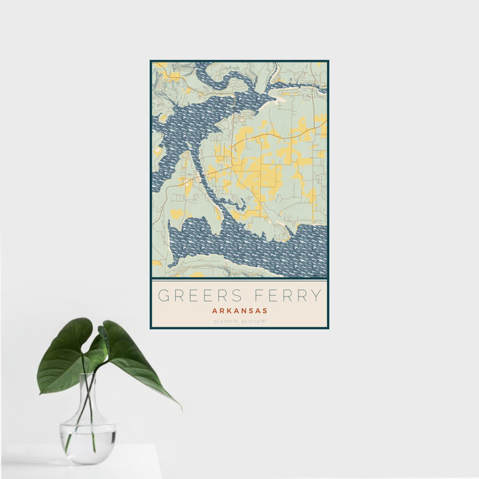 16x24 Greers Ferry Arkansas Map Print Portrait Orientation in Woodblock Style With Tropical Plant Leaves in Water