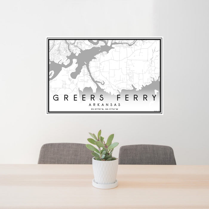 24x36 Greers Ferry Arkansas Map Print Lanscape Orientation in Classic Style Behind 2 Chairs Table and Potted Plant