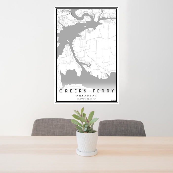 24x36 Greers Ferry Arkansas Map Print Portrait Orientation in Classic Style Behind 2 Chairs Table and Potted Plant