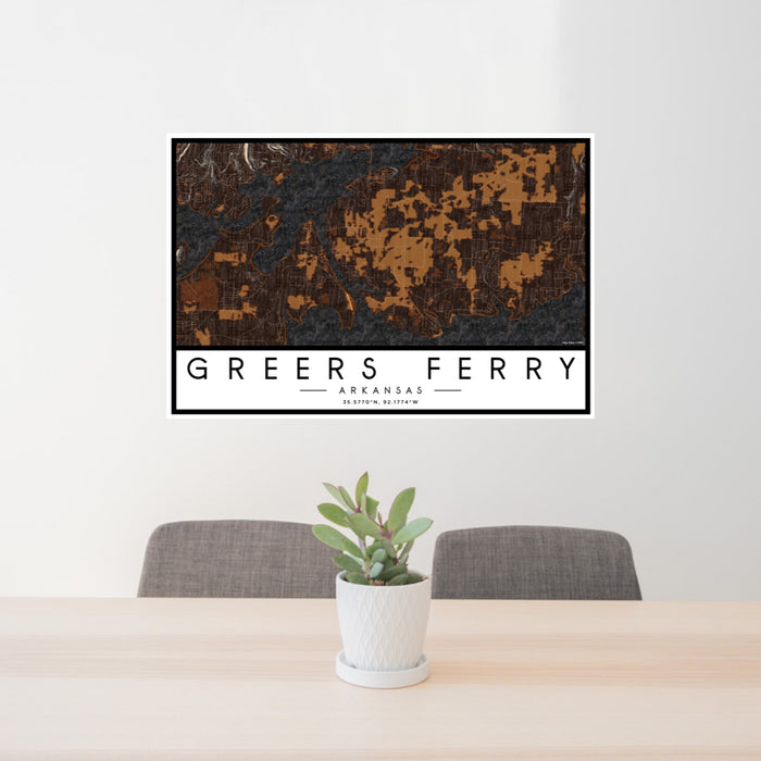 24x36 Greers Ferry Arkansas Map Print Lanscape Orientation in Ember Style Behind 2 Chairs Table and Potted Plant