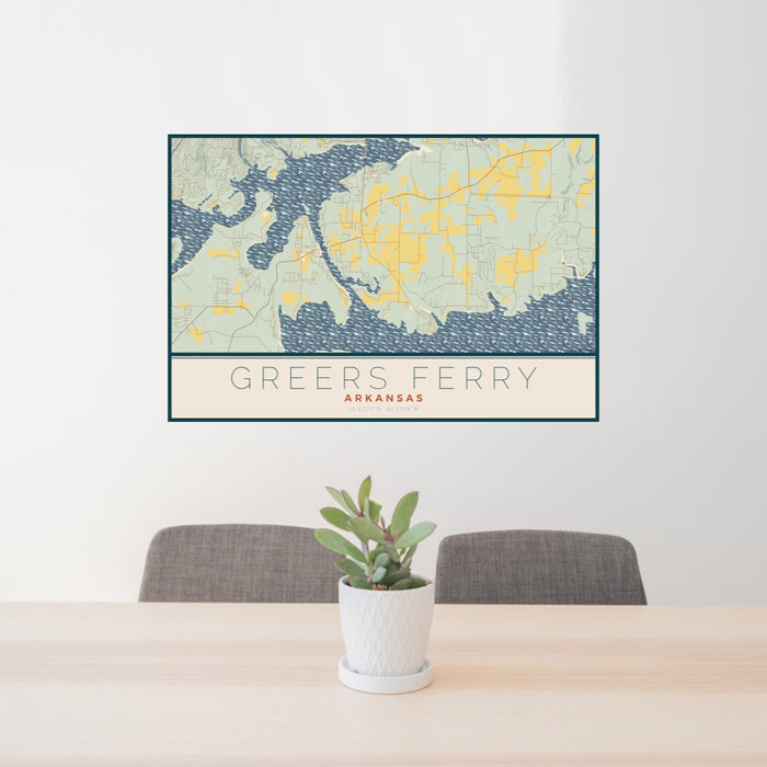 24x36 Greers Ferry Arkansas Map Print Lanscape Orientation in Woodblock Style Behind 2 Chairs Table and Potted Plant