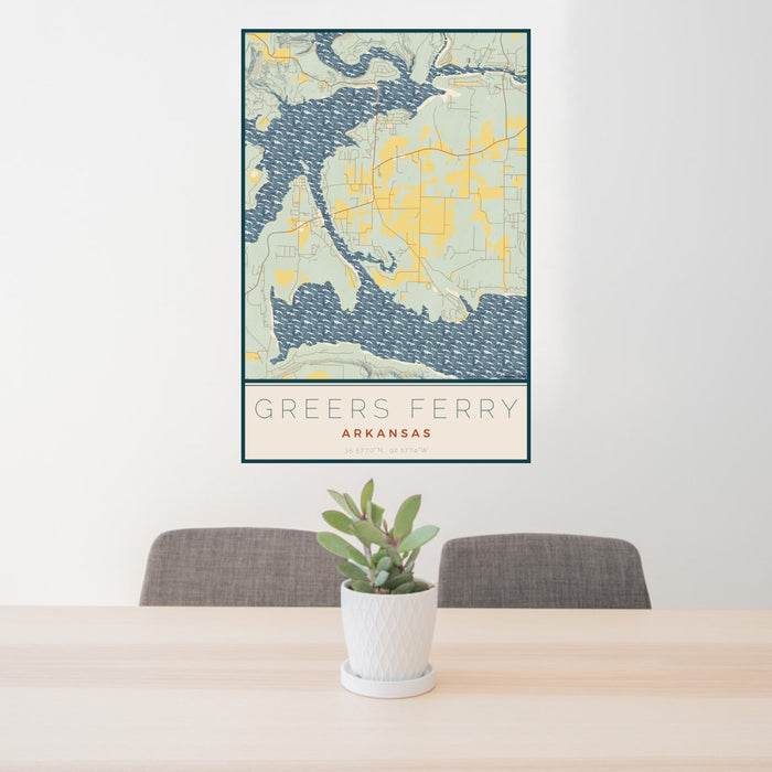 24x36 Greers Ferry Arkansas Map Print Portrait Orientation in Woodblock Style Behind 2 Chairs Table and Potted Plant