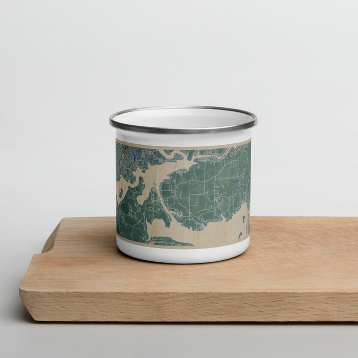 Front View Custom Greers Ferry Arkansas Map Enamel Mug in Afternoon on Cutting Board