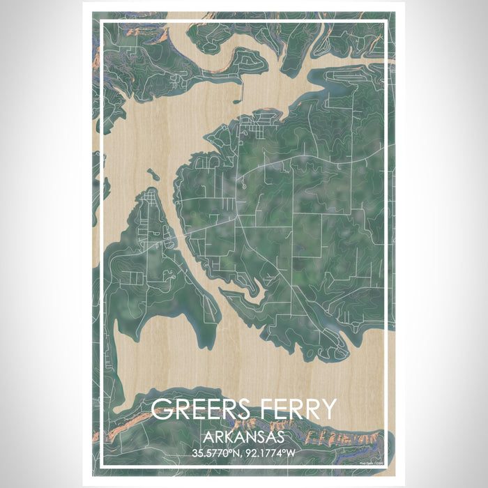 Greers Ferry Arkansas Map Print Portrait Orientation in Afternoon Style With Shaded Background