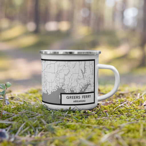 Right View Custom Greers Ferry Arkansas Map Enamel Mug in Classic on Grass With Trees in Background