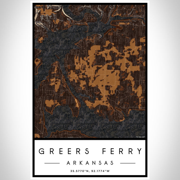 Greers Ferry Arkansas Map Print Portrait Orientation in Ember Style With Shaded Background