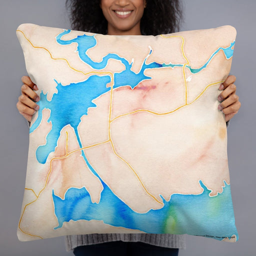 Person holding 22x22 Custom Greers Ferry Arkansas Map Throw Pillow in Watercolor