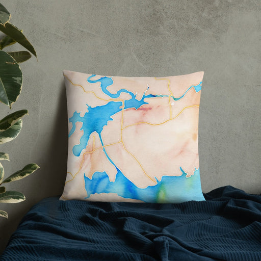 Custom Greers Ferry Arkansas Map Throw Pillow in Watercolor on Bedding Against Wall